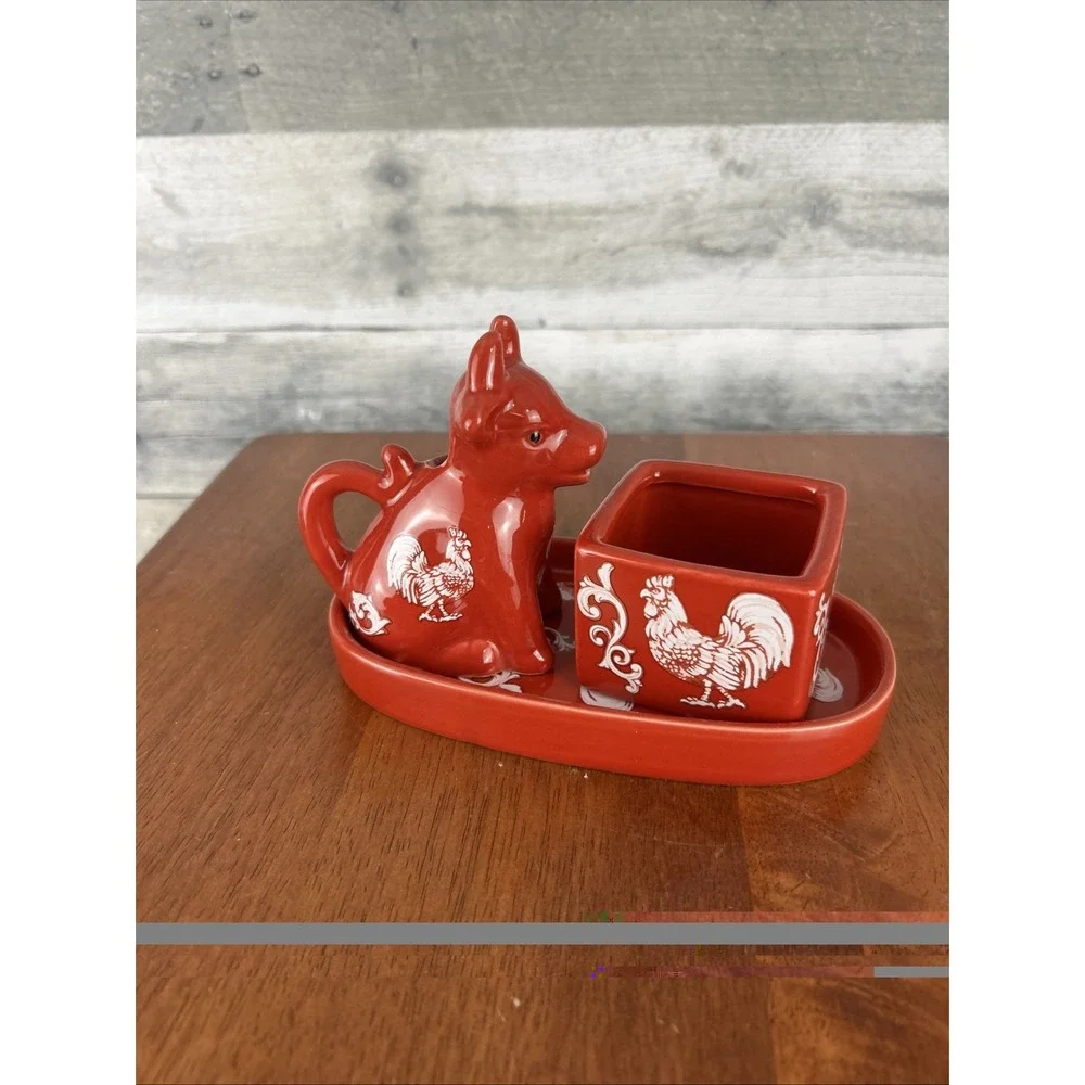 Red/White Rooster Ceramic Creamer & Sugar Set w/ Lid & Tray, Glossy